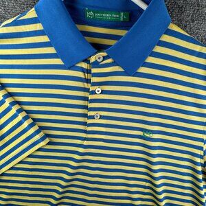 Southern Tide Club Short Sleeve Polo Shirt Blue Yellow Striped Large Men Golf